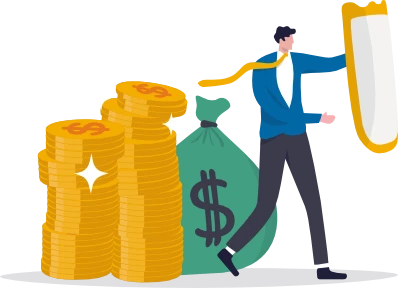 身後有金幣與錢袋的人手持盾牌示意圖